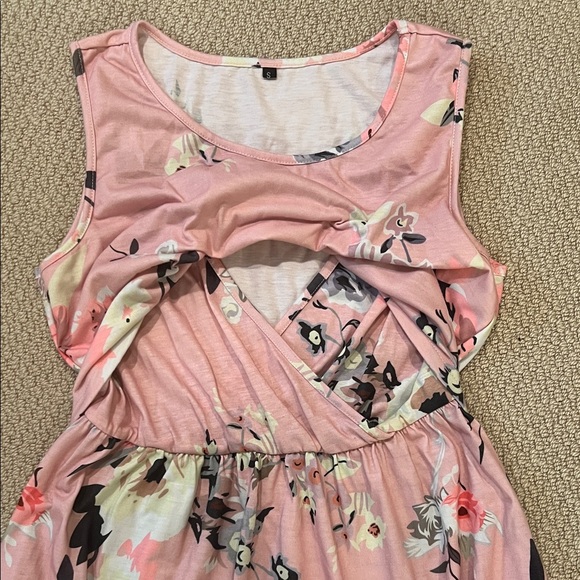 Pink Floral Nursing Dress Sleeveless Elastic Waist - Picture 3 of 4